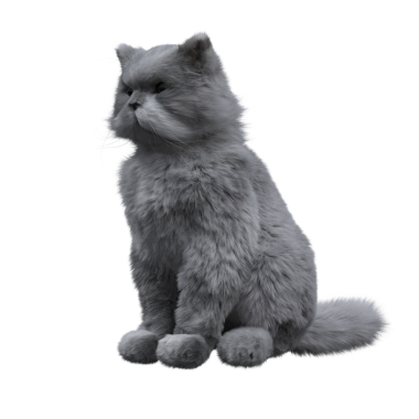 Beyaz arka planda izole edilmiş gri tüylü kedinin 3D görüntüsü.