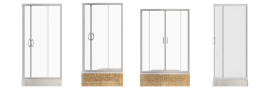 Duş kabinleri seti, beyaz arka planda gerçekçi 3D çizimler 