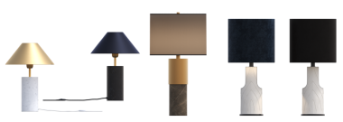 Beyaz arkaplanda izole edilmiş 3D masa lambaları koleksiyonu