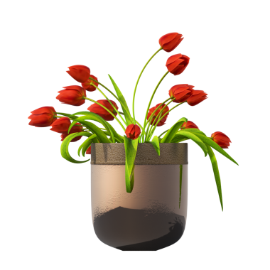 Beyaz arkaplanda izole edilmiş vazodaki kırmızı lalelerin 3d görüntülenmesi