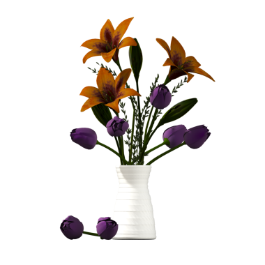 Beyaz arkaplanda izole edilmiş vazoda mor lalelerin 3d görüntülenmesi