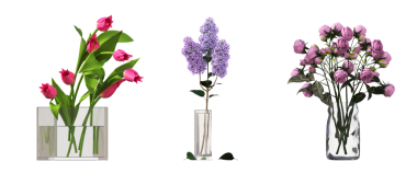 İç mekan için vazolarda dekoratif çiçekler ve bitkiler, beyaz arka planda izole edilmiş, 3 boyutlu illüstrasyon, cg canlandırma