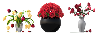 İç mekan için vazolarda dekoratif çiçekler, beyaz arkaplanda izole edilmiş, 3 boyutlu illüstrasyon, cg canlandırma 