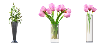 İç mekan için vazolarda dekoratif çiçekler, beyaz arkaplanda izole edilmiş, 3 boyutlu illüstrasyon, cg canlandırma 