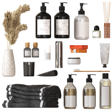 Banyo aksesuarları beyaz arka planda izole edilmiş, 3 boyutlu illüstrasyon, cg görüntüleme. Kozmetik ve havlular için konteynır koleksiyonu