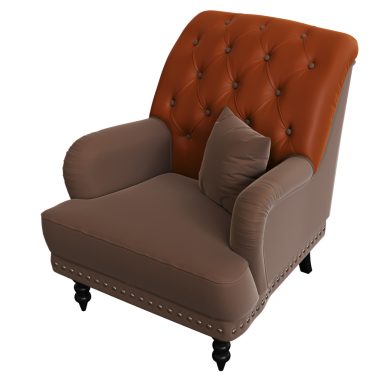 Beyaz arka planda yastıklı kahverengi koltuk, üç boyutlu görüntüleme