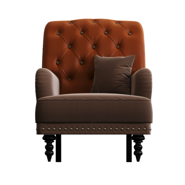 Beyaz arka planda yastıklı kahverengi koltuk, üç boyutlu görüntüleme