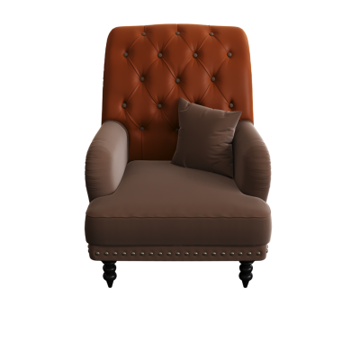 Beyaz arka planda yastıklı kahverengi koltuk, üç boyutlu görüntüleme