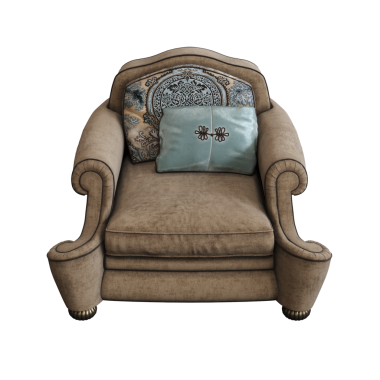 Beyaz arka planda izole edilmiş yastıklı kahverengi koltuk, üç boyutlu görüntüleme