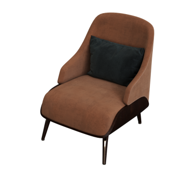 Beyaz arka planda yastıklı kahverengi koltuk, üç boyutlu görüntüleme