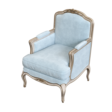 Beyaz arkaplanda izole edilmiş mavi koltuk, 3 boyutlu görüntüleme