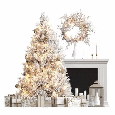 Noel kompozisyonu. Beyaz arkaplanda köknar ağacı olan şömine