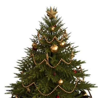 Dekorasyonlu Noel ağacı beyaz arka planda izole edilmiş