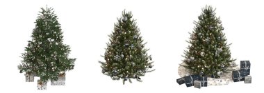 Beyaz arka plan üzerinde izole bir şekilde dekore edilmiş Noel ağaçları kümesi