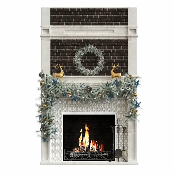 Beyaz arka planda şömine ve süslemeleri olan bir noel.