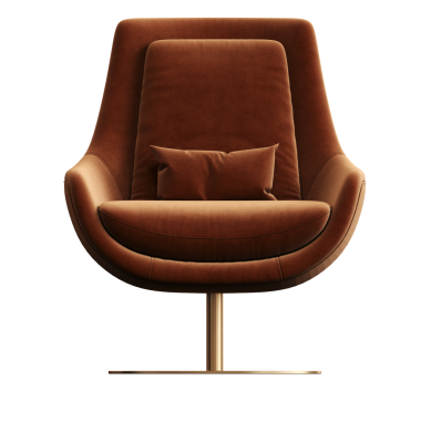 Beyaz arka planda yastıklı kahverengi koltuk, üç boyutlu görüntüleme