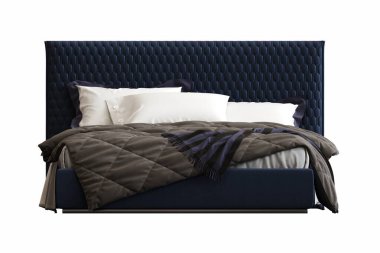 Beyaz arka planda çift yastıklı ve yastıklı mavi modern klasik yatak. Çift yastıklı modern yatak odası. 3d illüstrasyon