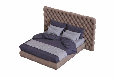 Beyaz arka planda yatağı olan 3 boyutlu bir yatak.