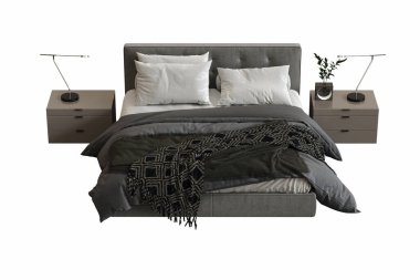 Modern iç dekorasyon, rahat mobilyalar ve yatak..