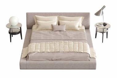 Beyaz ve gri yastıklı çift kişilik yatak ve beyaz arka planda çift kişilik yatak. 3 Boyutlu Hazırlama