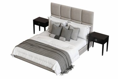 Modern çift kişilik yatak beyaz arka planda izole edilmiş. 3 Boyutlu Hazırlama