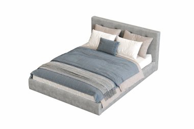 Çift kişilik yatak, mavi yatak ve yastıklar.