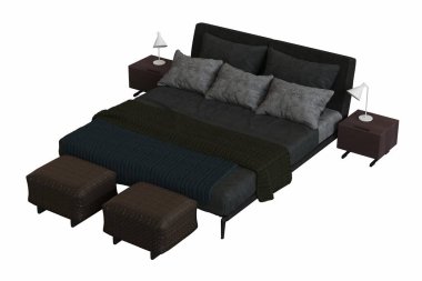 Beyaz arka planda izole edilmiş yastıklarla modern bir iç yatağın 3 boyutlu görüntüsü.