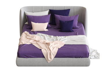 Yastıklı ve beyaz yastıklı modern mor ve beyaz yastıklar beyaz arka planda izole edilmiş, 3 boyutlu, 3 boyutlu illüstrasyon