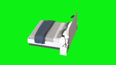 Yeşil zemin üzerinde izole edilmiş modern bir yatağın 3 boyutlu görüntüsü