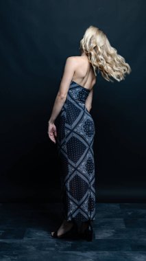 Stüdyoda poz veren seksi uzun elbiseli genç kadın.