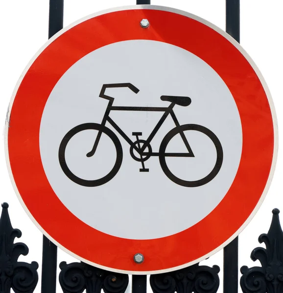 Närbild Foto Trafikskylt Med Svart Cykel Röd Fodrad Cirkel Som — Stockfoto