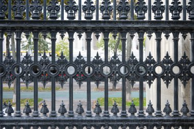 Süslü, antika, siyah işlemeli demir çitleri halka açık bir yerde yol ve bulanık arka planda yeşil çim şeridi ile kapatın.