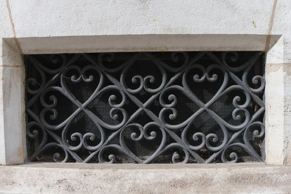 Close Cellar Window Barred Ornate Forged Metal Iron Wrought Iron — Stock Photo, Image