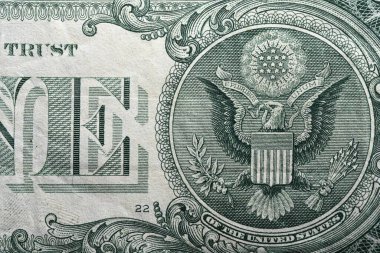Ekstrem detaylar Amerikan para savaşı ve ekonomi gücü kavramı olarak Amerikan kartal okları ve defne dalları ile bir dolar banknot yakın detay