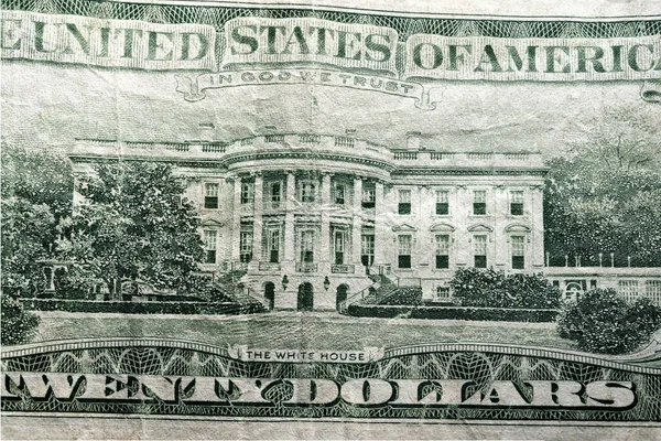 Ekstremalne Częściowe Makro Zdjęcie Białego Domu Dwudziestodolarówce Napisem Stany Zjednoczone — Zdjęcie stockowe