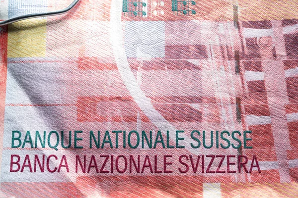 Vista Macro Parcial Billete Francos Rotan Con Inscripción Banque Nationale — Foto de Stock