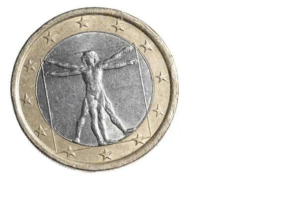 유로의 바이메탈 동전을 배경으로 매크로 익스트림 레오나르도 빈치의 형상을 머니와 — 스톡 사진