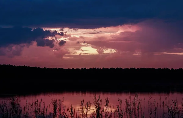 Pôr Sol Junto Lago Com Vegetação Reflexão Água Nuvens Cobrem — Fotografia de Stock