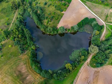 Litvanya ormanlarındaki bir gölün havadan görünüşü, vahşi doğa. Gölün adı 