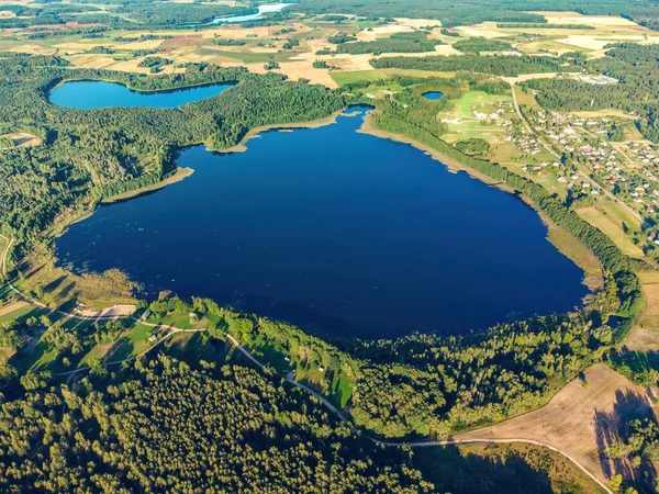 Litvanya ormanlarındaki bir gölün havadan görünüşü, vahşi doğa. Gölün adı 