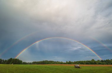Otlağın üzerindeki fırtınadan sonra iki gökkuşağı, inekler, bir su birikintisi, bir yalak.