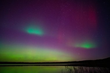 Kuzey Işıkları, Aurora Borealis. Göl kenarında gece gökyüzü, jeomanyetik fırtına G4