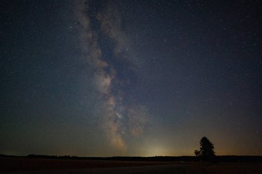 Samanyolu Galaksisi kırsal bir alanda gece gökyüzünde, ufukta açıkça görünen yıldızlarla yakalanmıştır.