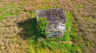 Çökmüş çatılı terk edilmiş eski bir evin havadan görünüşü tarımın ortasında tek başına duruyor.