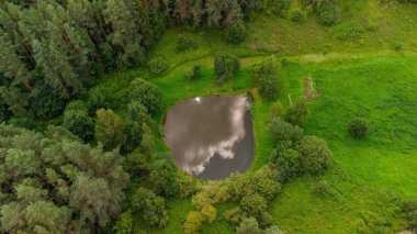 Litvanya 'nın kırsal kesimlerinde yemyeşil ve ağaçlarla çevrili su yüzeyine yansıyan bulutlarla dolu küçük bir orman göletinin havadan görünüşü.