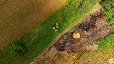 Yeşil tarlaları, çayırları, tarlaları ve orman arazileri olan kırsal bir arazinin havadan görünüşü. Yazın doğal kır manzarası