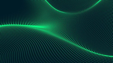 Karanlık bir zemin üzerinde akan parçacıklar dalgası. Dalgaların ve noktaların dinamik elementleriyle soyut arkaplan. Vektör illüstrasyonları