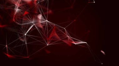 Bağlı nokta ve çizgilerle soyut renk arkaplanı. Çizgiler, noktalar, üç boyutlu uzayda düzlemler. İş sunumları için arka plan. 3B görüntüleme