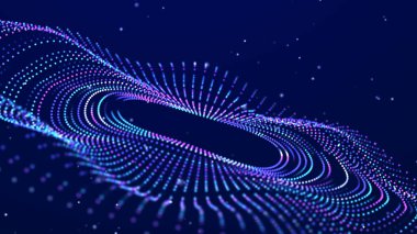 Parçacık akışı. Parlayan parçacıkların olduğu mor bir arkaplan. Bilgi teknolojisi geçmişi. 3d oluşturma
