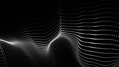 Karanlık bir zemin üzerinde akan parçacıklar dalgası. Dalgaların ve noktaların dinamik elementleriyle soyut arkaplan. Vektör illüstrasyonları